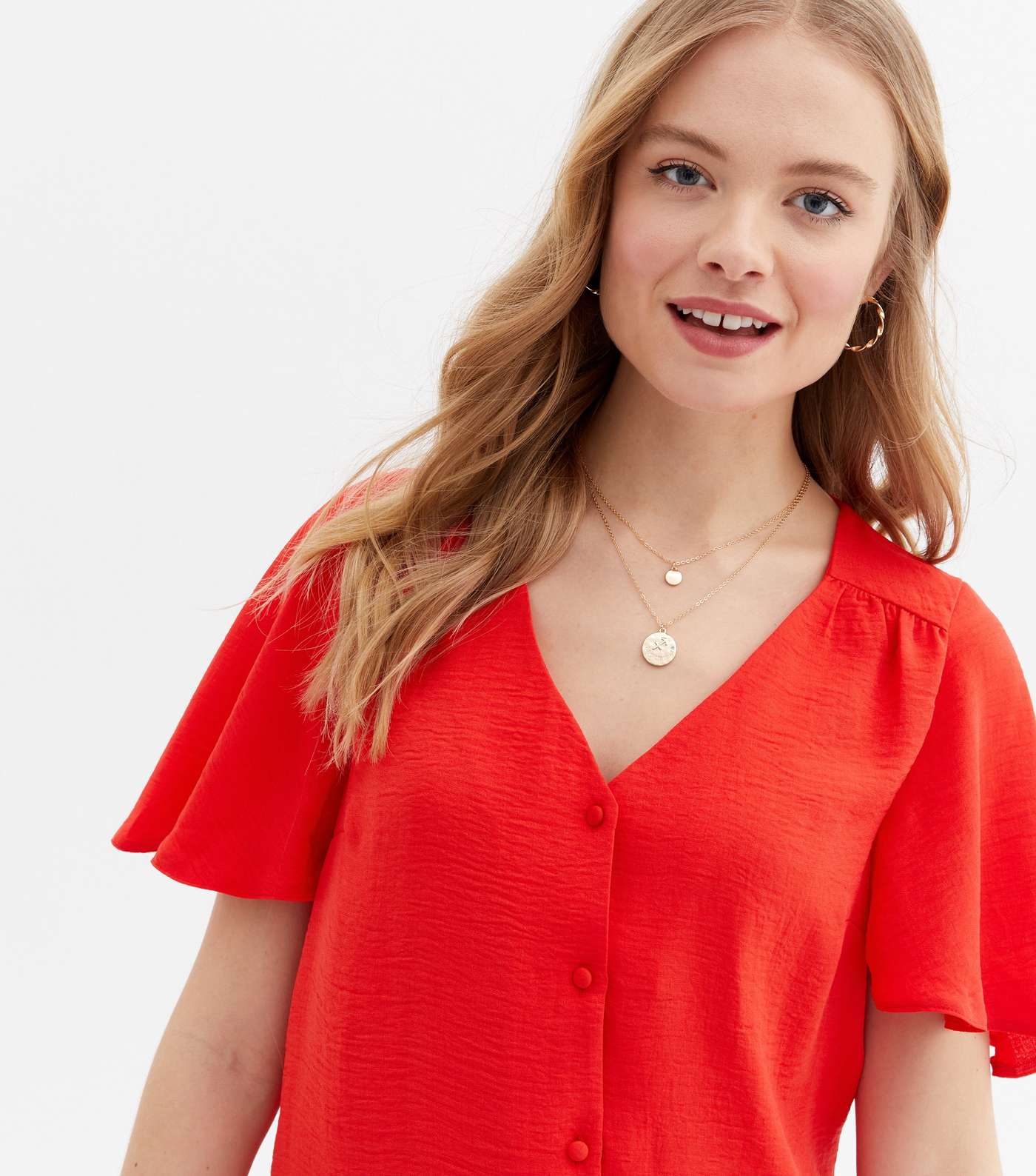 Red Flutter Sleeve Button Front Blouse Image 3