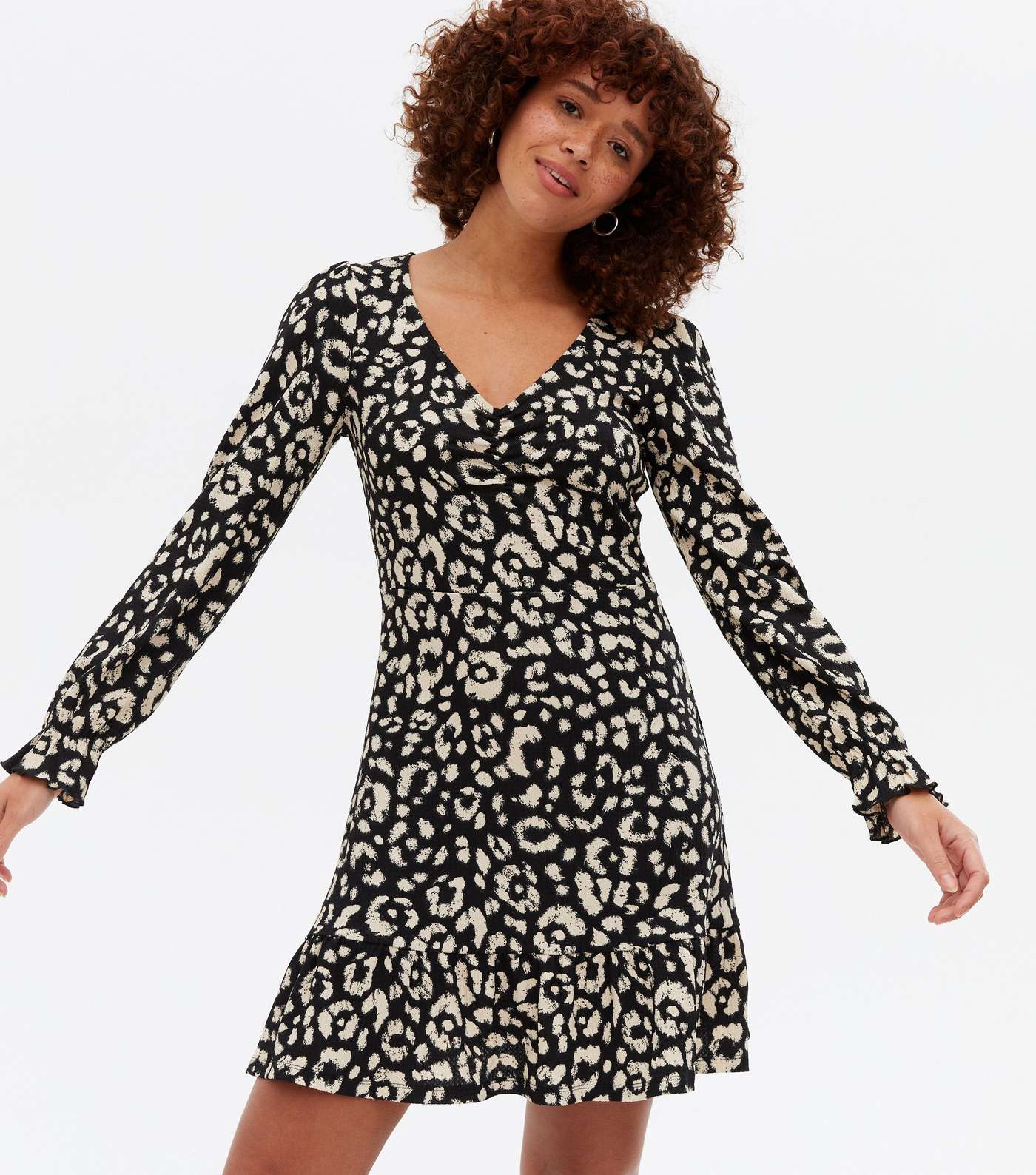 Black Leopard Print Ruched Tiered Mini Dress