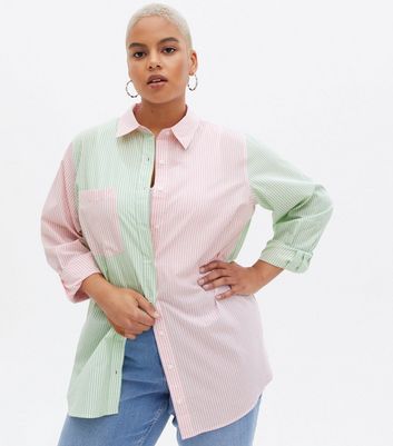 Curves Pink Mixed Stripe Poplin Long Sleeve Shirt New Look