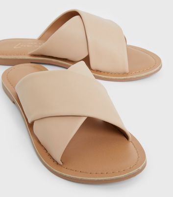 Pale Pink Leather Cross Strap Sliders 