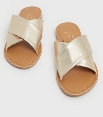 Gold Leather Cross Strap Sliders New Look