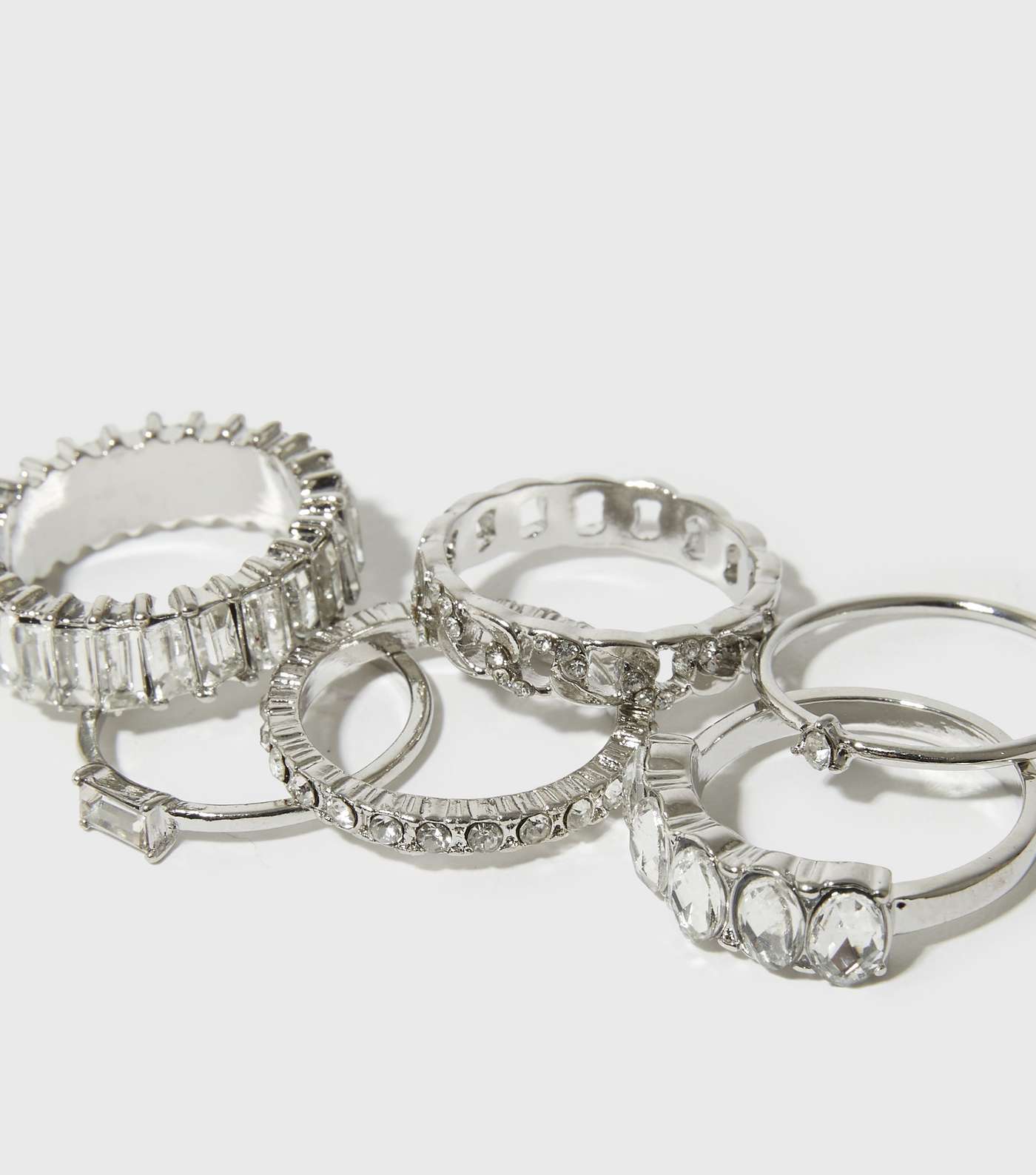 6 Pack Silver Diamanté Embellished Stacking Rings