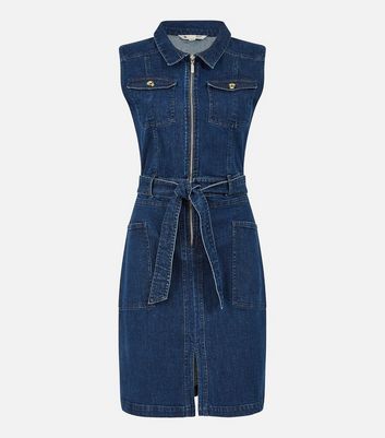 Yumi Blue Denim Sleeveless Collared Midi Dress New Look