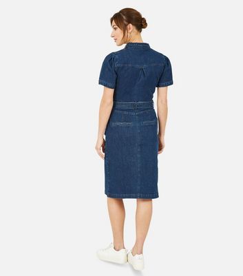 Yumi Blue Denim Zip Belted Collared Midi Dress New Look