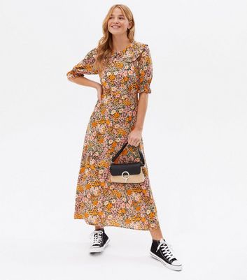 Orange Floral Frill Collar Midi Smock Dress New Look