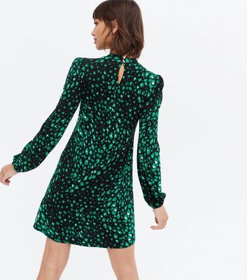 Green Leopard Print High Neck Mini Dress New Look