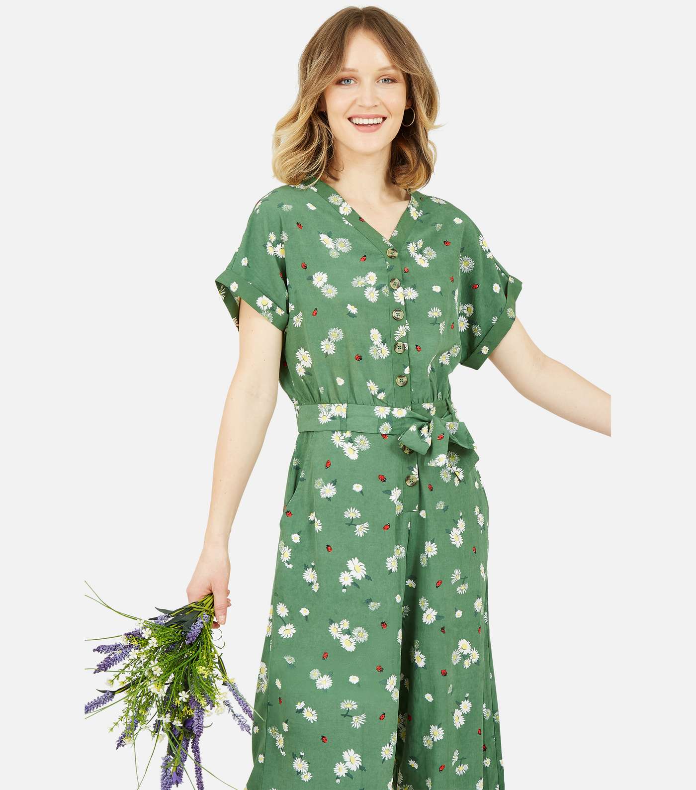 Yumi Green Daisy Belted Wide Leg Crop Jumpsuit Image 4