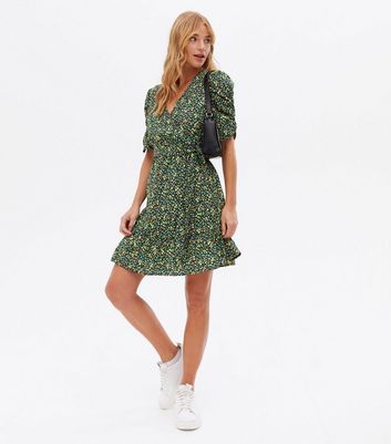 Black Ditsy Floral Crepe Ruched Mini Wrap Dress New Look