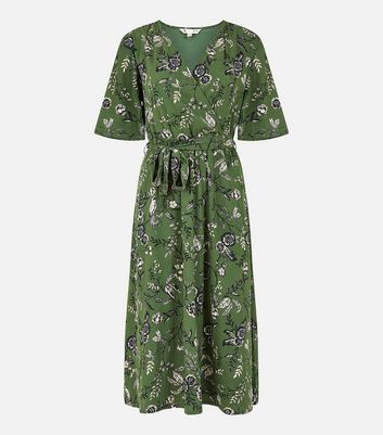 Yumi Green Floral Midi Wrap Dress New Look