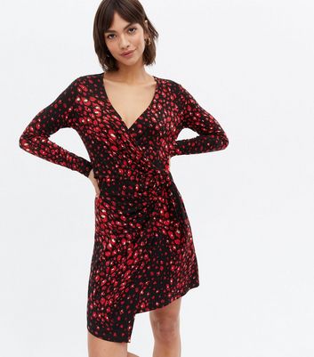 Red Leopard Print Tie Side Mini Wrap Dress New Look