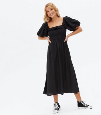 Black Linen Look Frill Shirred Midi Dress New Look