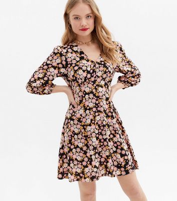 Black Floral Tie Back Mini Tea Dress