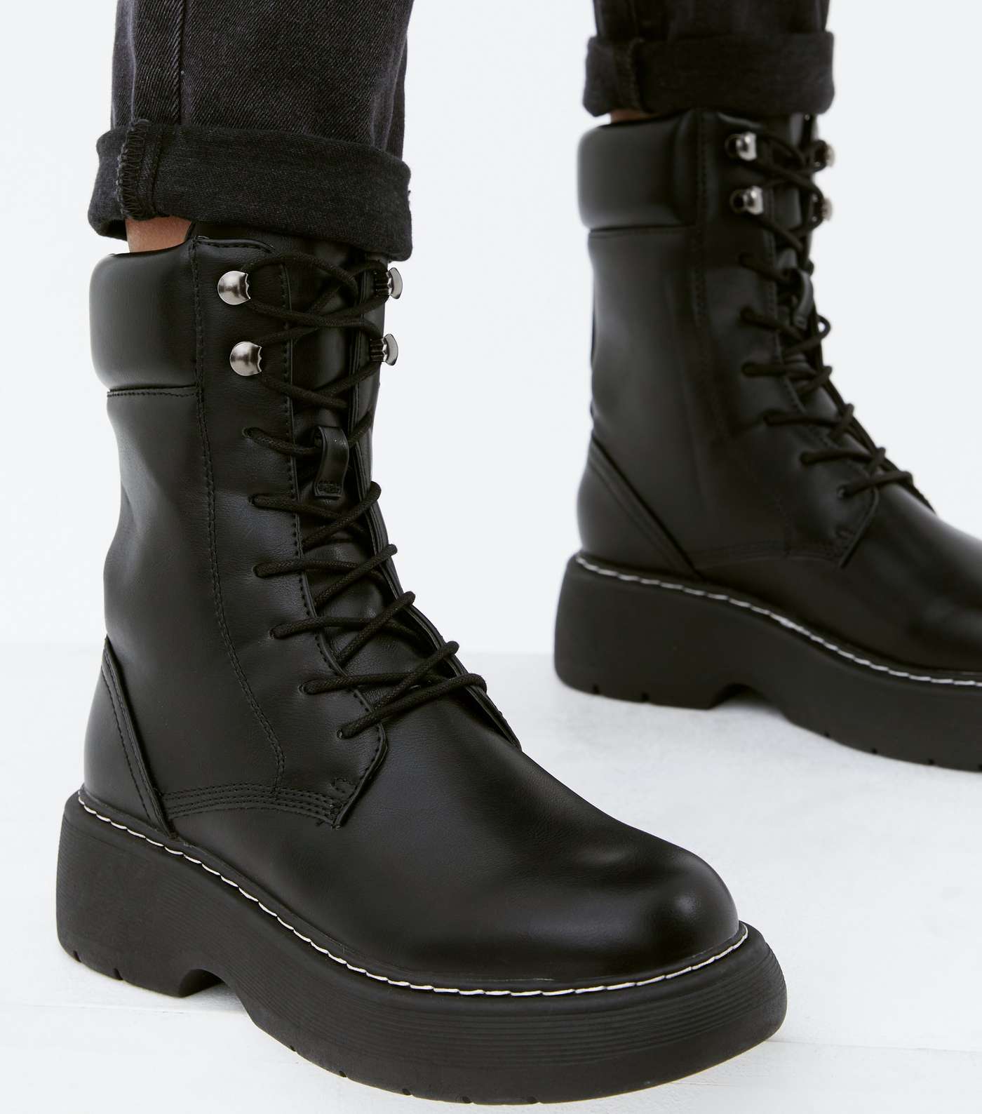 Truffle Collection Black Chunky Lace Up Boots Image 2