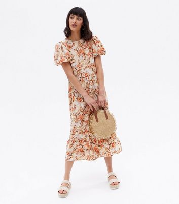 Urban Bliss Brown Floral Tiered Midi Smock Dress New Look