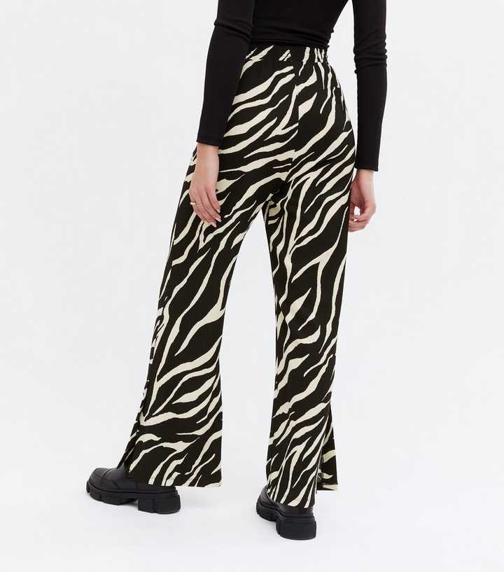 Black/White Satin Zebra Print Flared Trousers - ShopperBoard