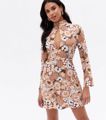 Urban Bliss Brown Floral Keyhole High Neck Mini Dress New Look