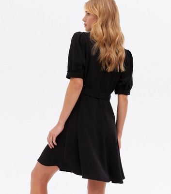 Black Puff Sleeve Tie Waist Mini Shirt Dress New Look