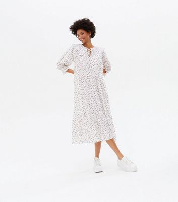 White Ditsy Floral Seersucker Collared Midi Smock Dress | New Look