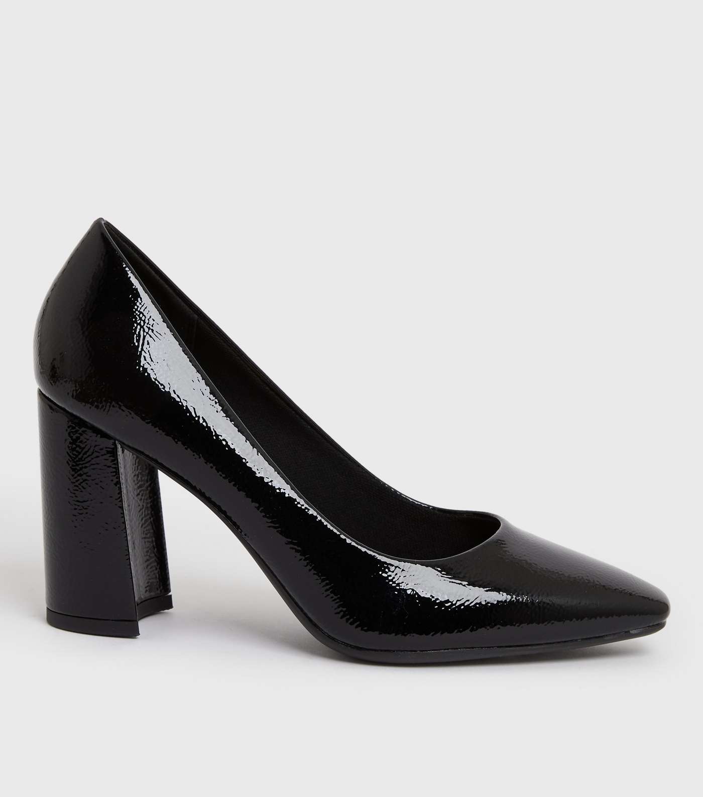 Black Patent Pointed Block Heel Court Shoes