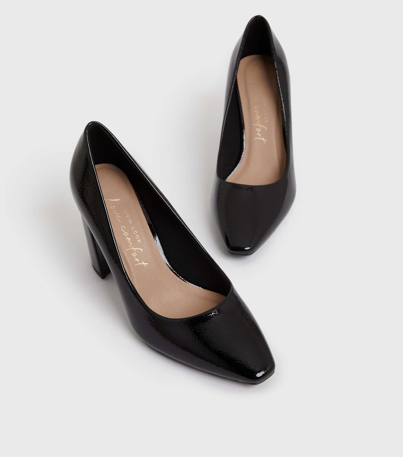 Black Patent Pointed Block Heel Court Shoes Image 3