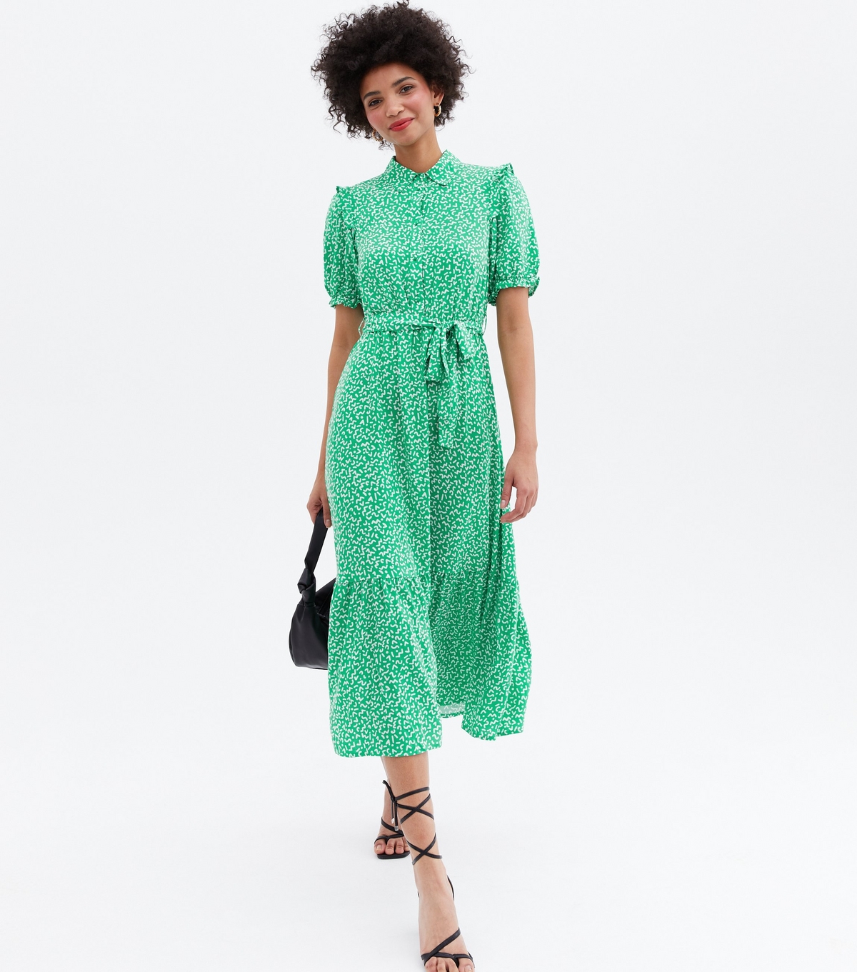 Women's Green Mark Making Print Frill Belted Midi Shirt Dress New Look