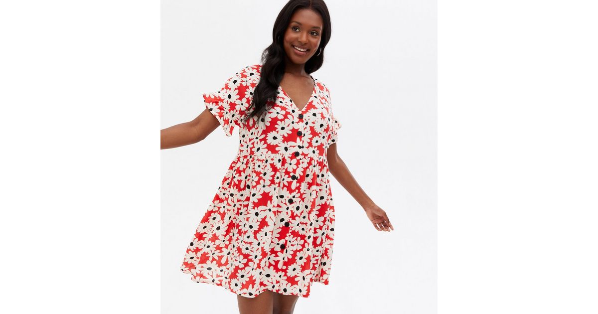 Red Floral Button Mini Smock Dress | New Look