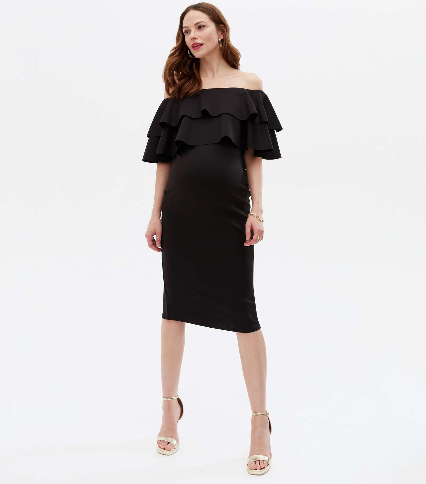 Maternity Black Scuba Ruffle Bardot Midi Dress Image 2