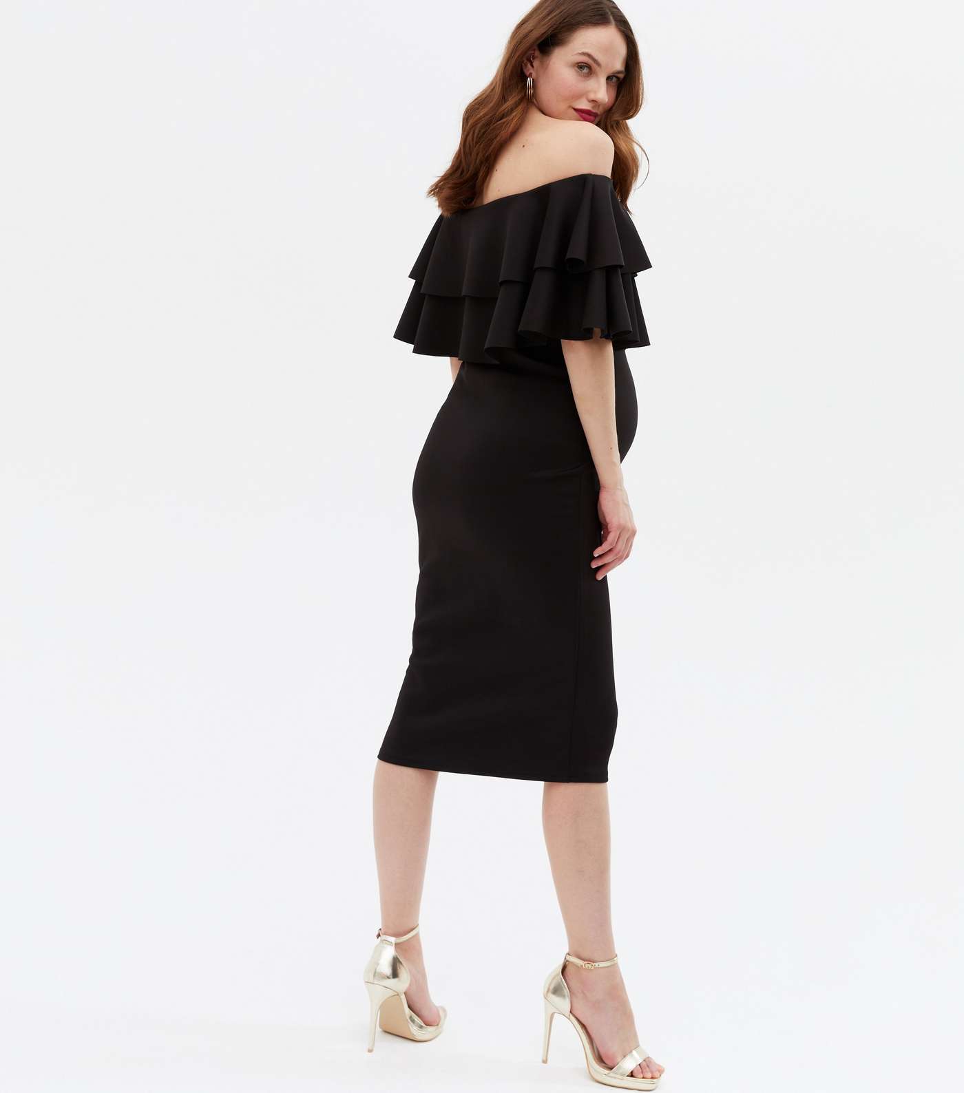 Maternity Black Scuba Ruffle Bardot Midi Dress Image 4