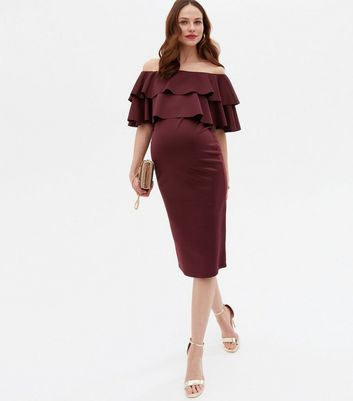 Maternity ruffle off hotsell the shoulder midi dress