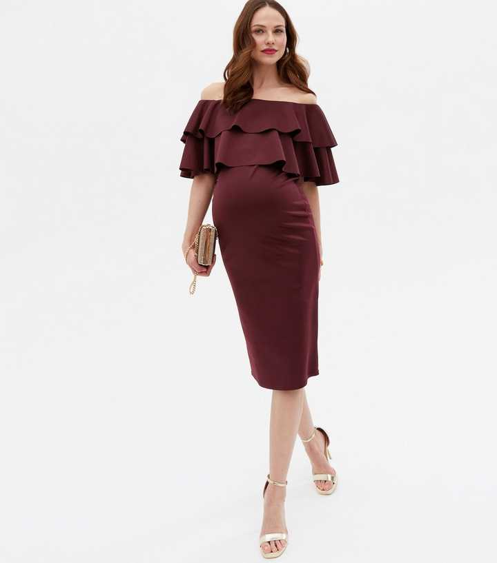Maternity Burgundy Scuba Ruffle Bardot Midi Dress