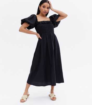 Petite Black Linen-Look Frill Shirred Midi Dress