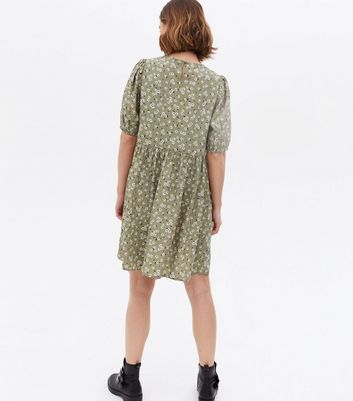 Maternity Green Floral Crepe Puff Sleeve Mini Smock Dress New Look