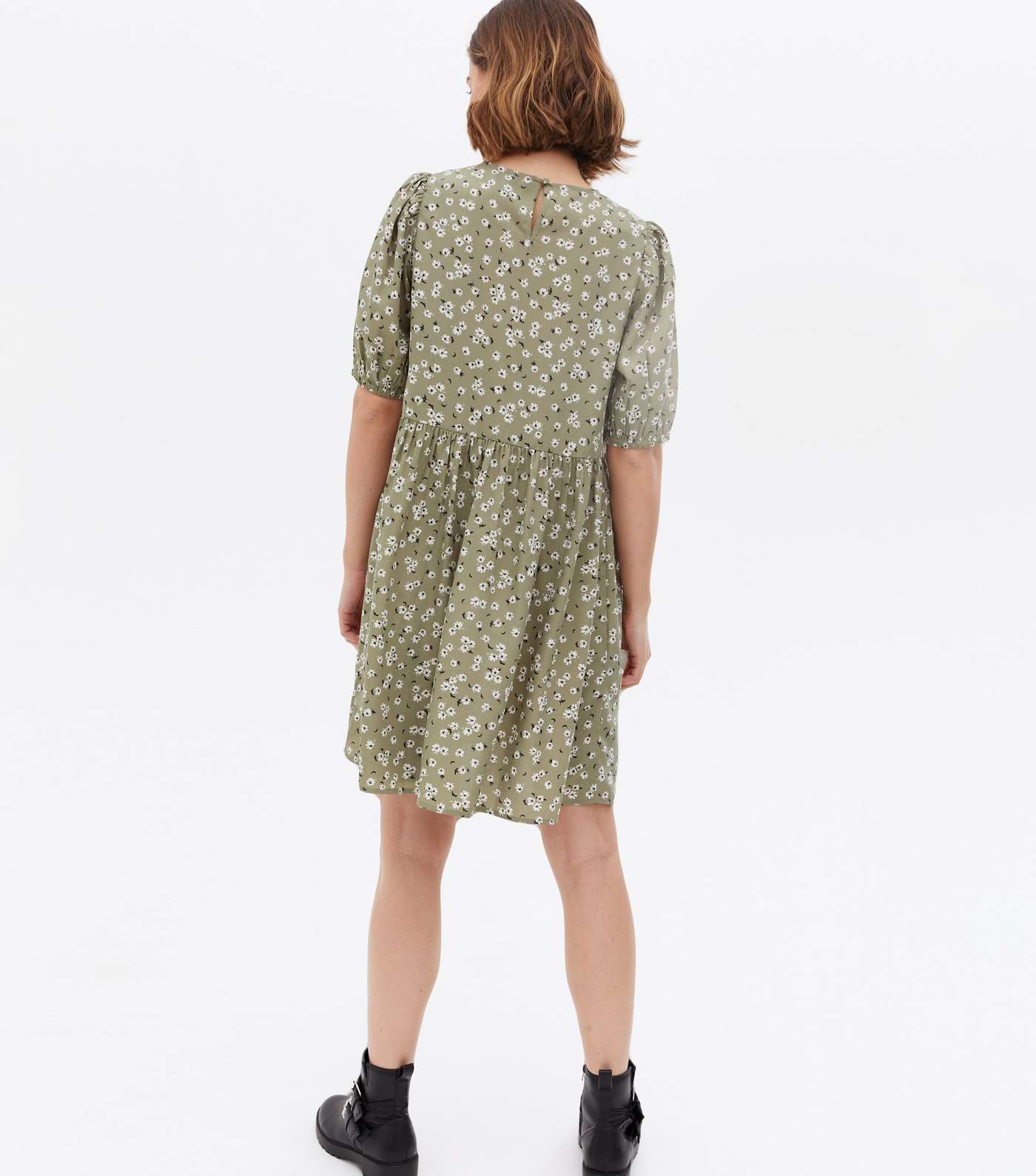 Curves Maternity Green Floral Crepe Puff Sleeve Mini Smock Dress Image 4