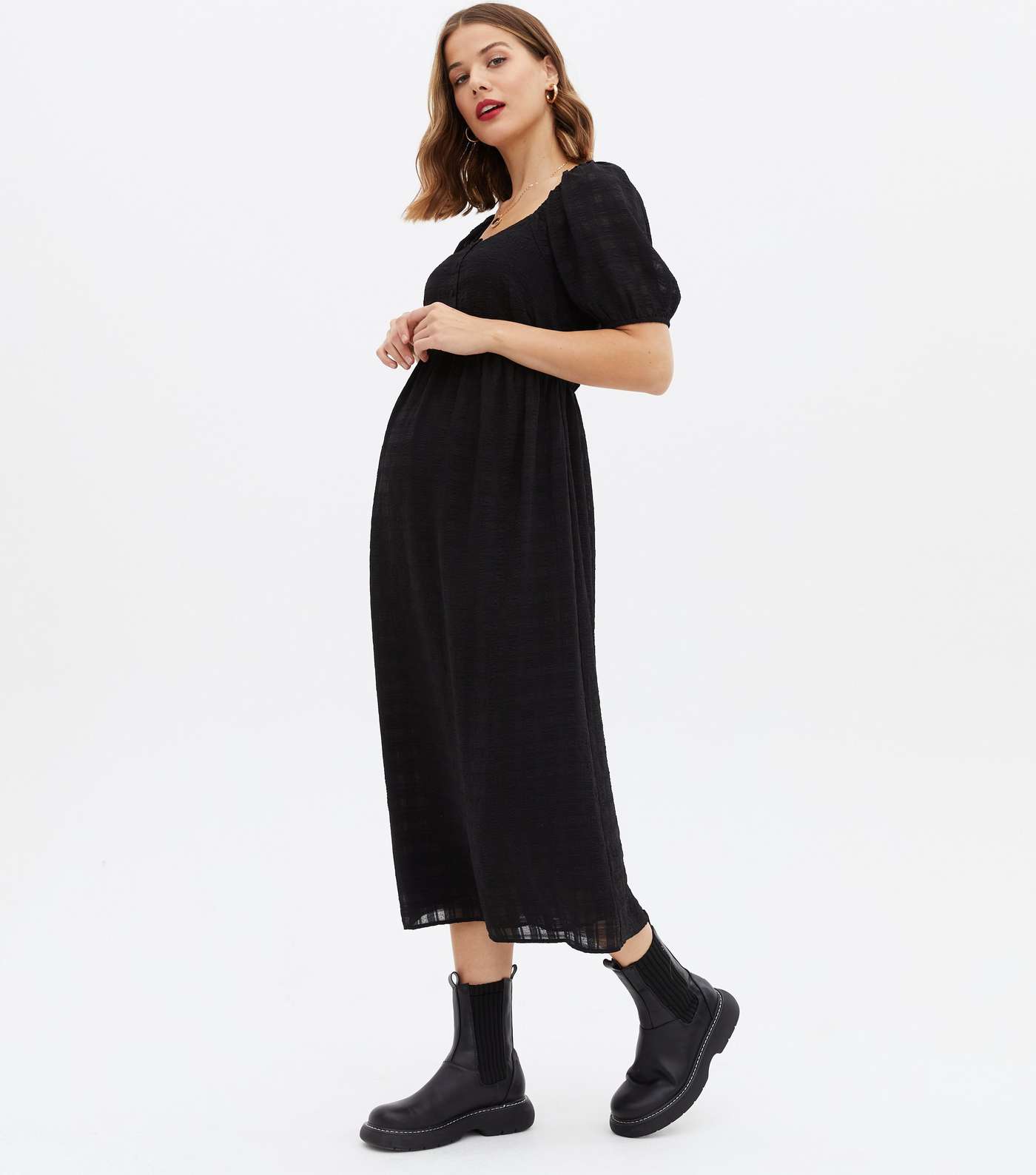 Maternity Black Seersucker Square Neck Midi Dress