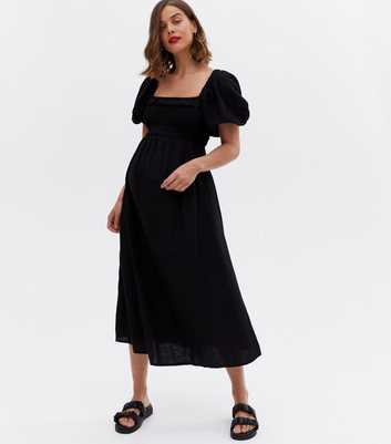 Maternity Black Linen-Look Frill Shirred Midi Dress