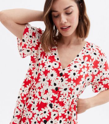 Click to view product details and reviews for Maternity Red Floral Button Mini Smock Dress New Look.