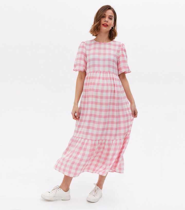 Maternity Pink Gingham Tiered Midi Smock Dress