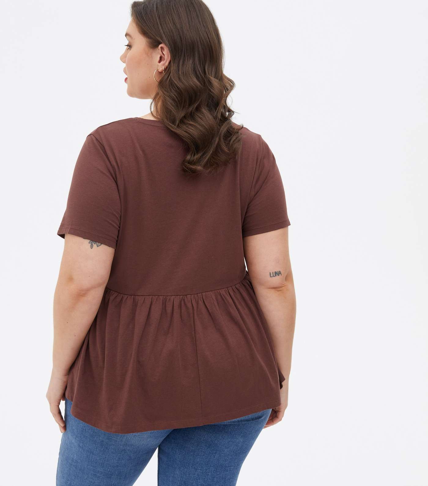 Curves Dark Brown Short Sleeve Peplum T-Shirt Image 4
