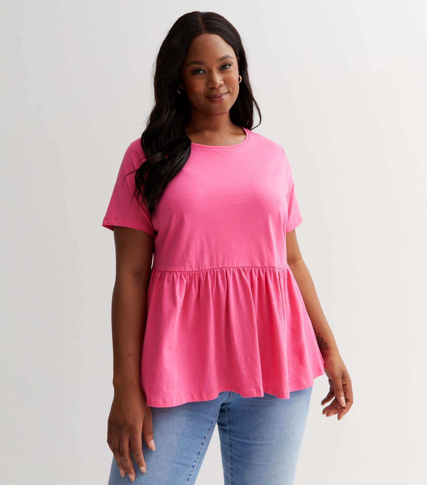 Curves Deep Pink Cotton Short Sleeve Peplum T-Shirt
