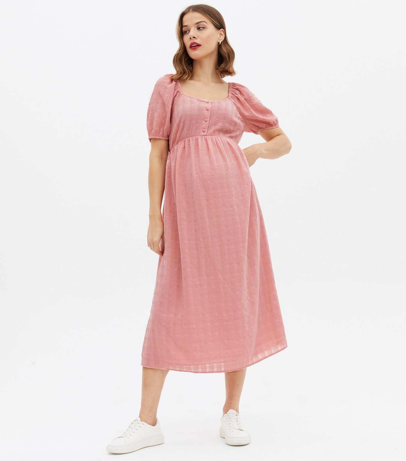 Maternity Mid Pink Check Seersucker Button Midi Dress