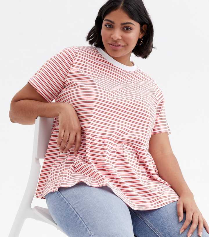 Curves Red Stripe Ringer Peplum T-Shirt | New Look