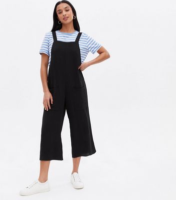 Petite Black Dungaree Wide Leg Crop Jumpsuit | New Look