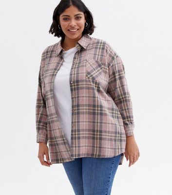 Curves Pink Check Pocket Front Shirt 