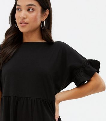 Petite Black Jersey Frill Mini Smock Dress | New Look