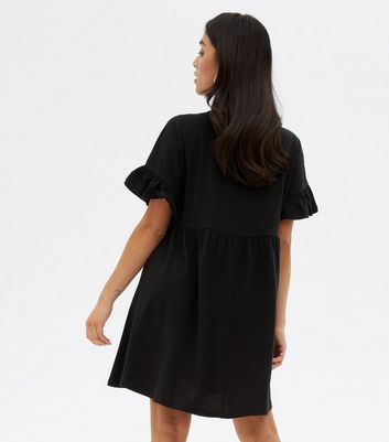 Petite Black Jersey Frill Mini Smock Dress New Look