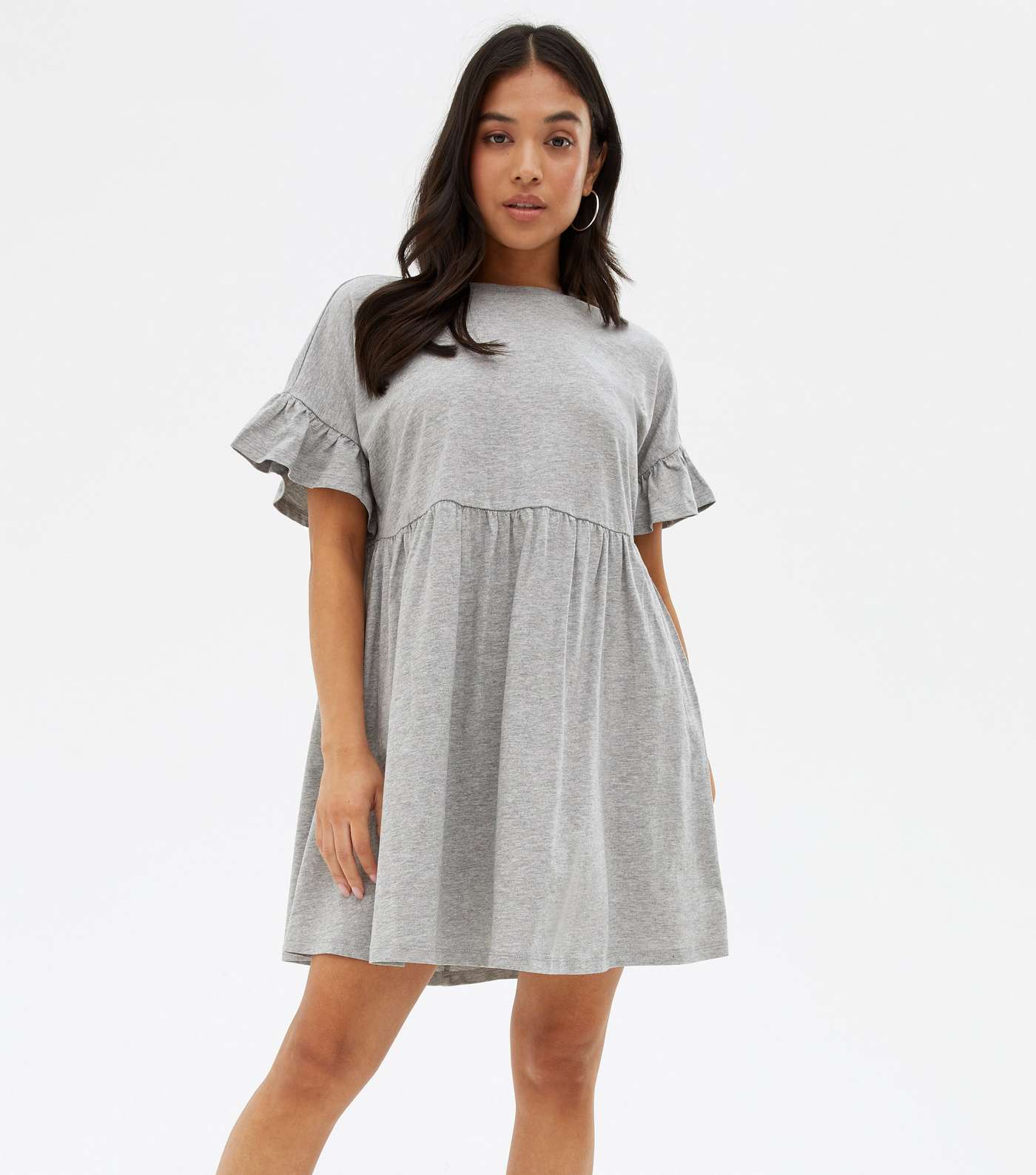Petite Pale Grey Jersey Frill Mini Smock Dress