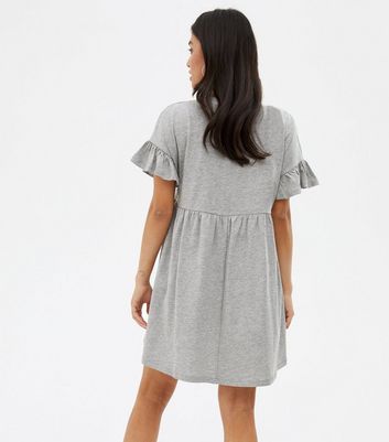 Petite Pale Grey Jersey Frill Mini Smock Dress New Look