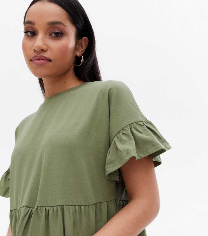 Petite Khaki Jersey Frill Mini Smock Dress | New Look Petite Khaki Jersey Frill Mini Smock Dress | New Look