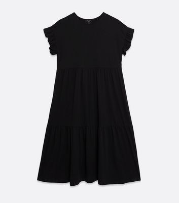 Petite Black Jersey Frill Tiered Midi Smock Dress | New Look