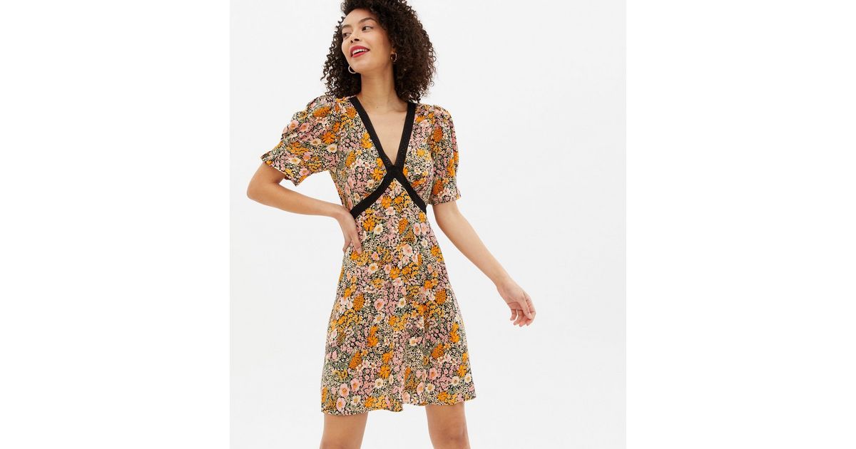 Tall Orange Floral Lace Trim Mini Tea Dress New Look